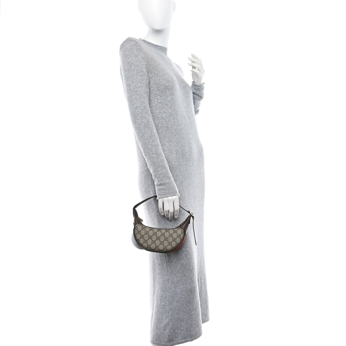 GG Supreme Monogram Textured Calfskin Web Mini Ophidia Half Moon Hobo Beige Ebony New Acero