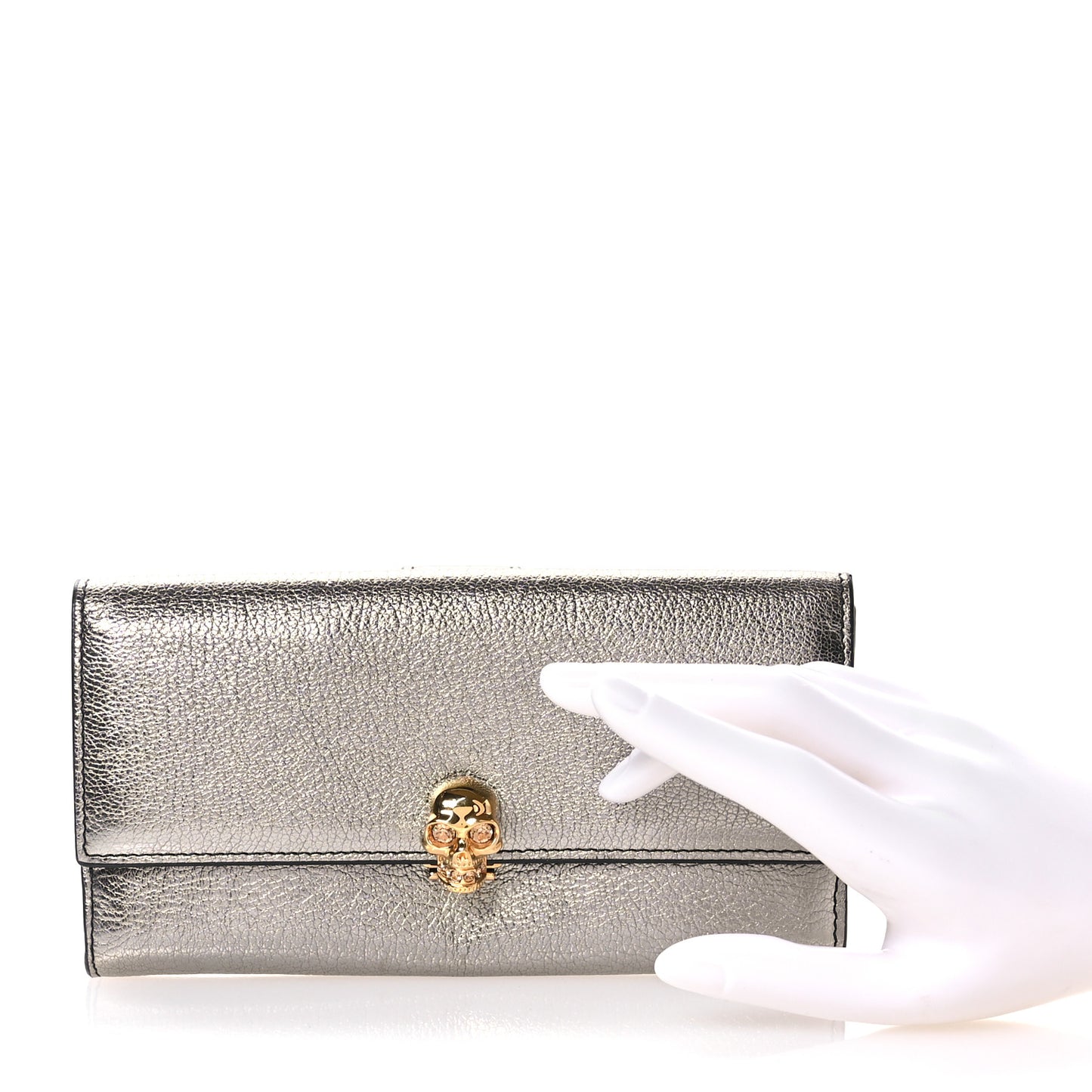 Metallic Calfskin Skull Continental Wallet Gunmetal