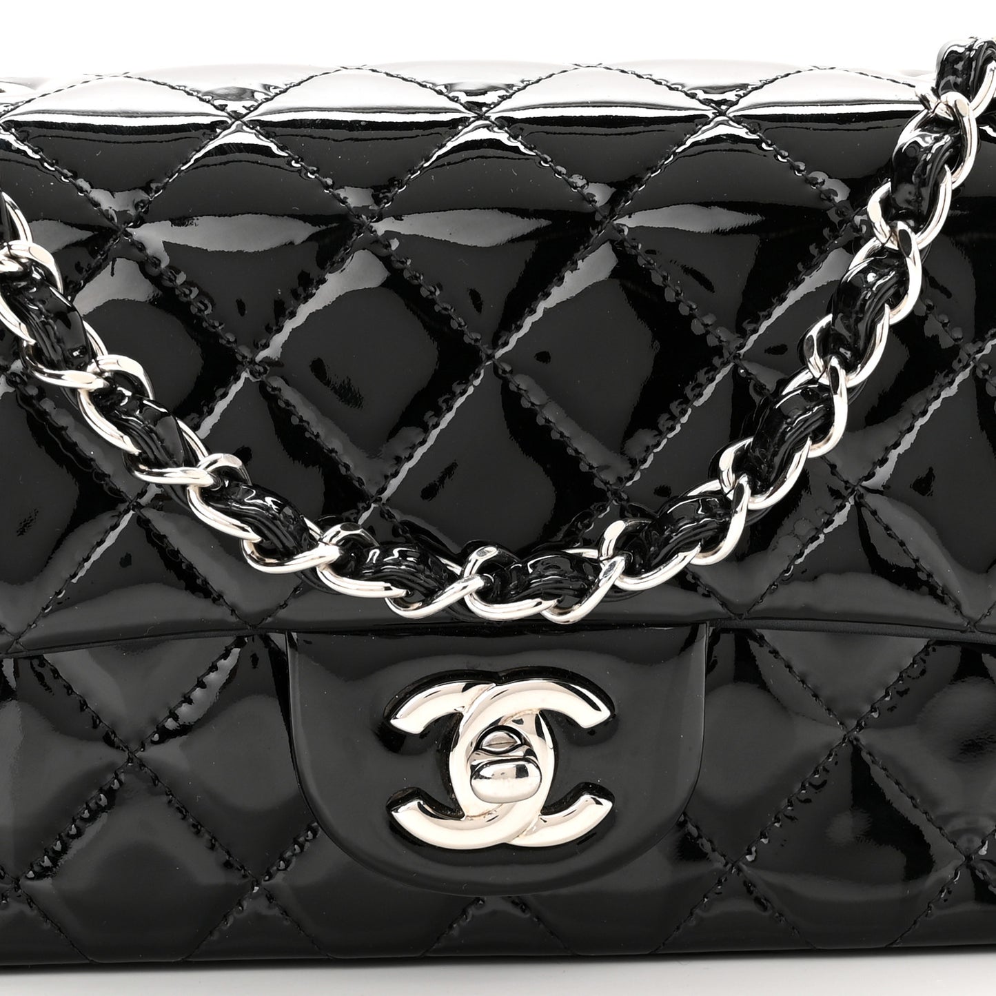 Patent Calfskin Quilted Mini Rectangular Flap Black