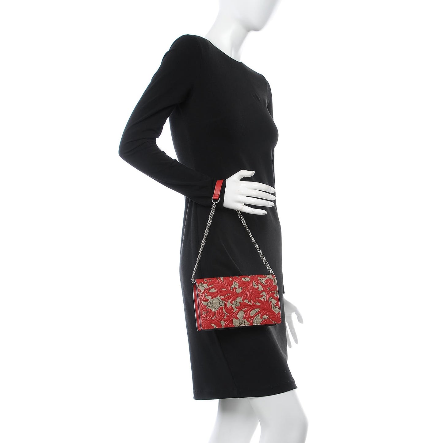 GG Supreme Monogram Arabesque Chain Wallet Hibiscus Red