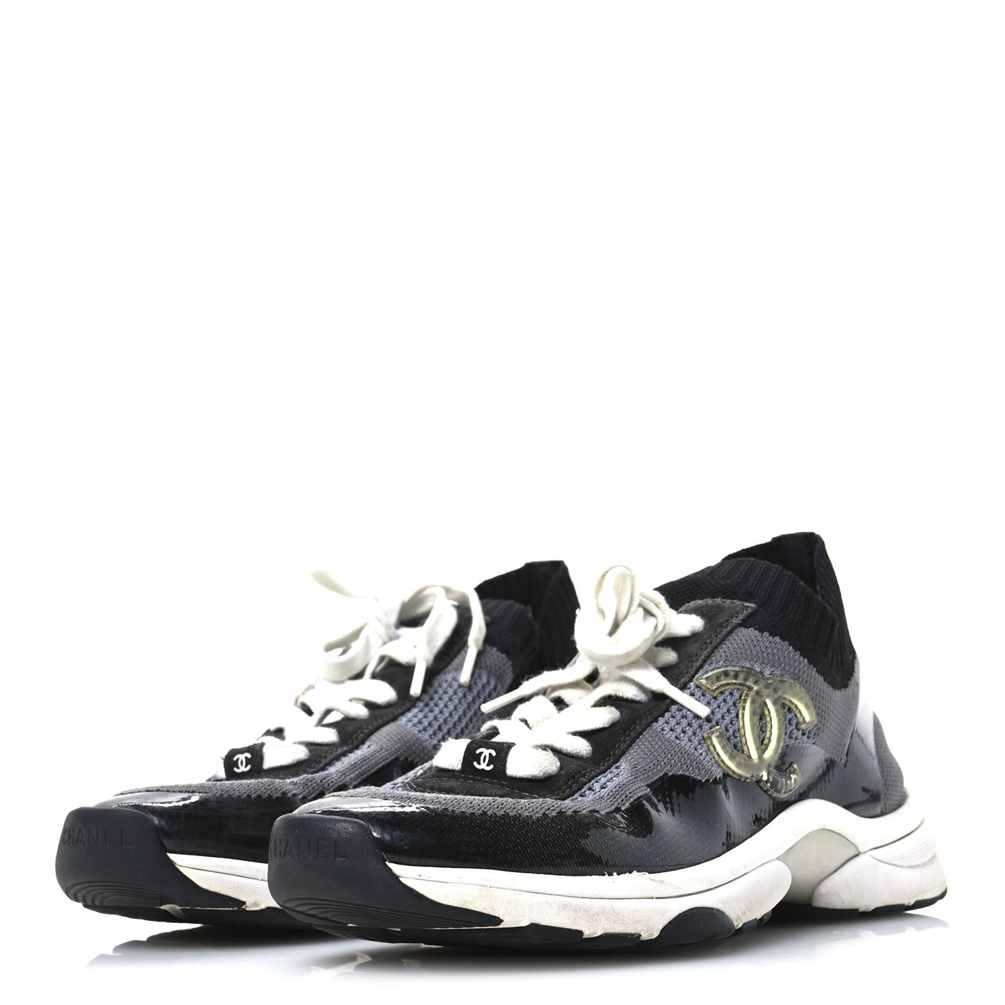 Fabric Suede Calfskin Womens CC Sneakers 38.5  Black Grey
