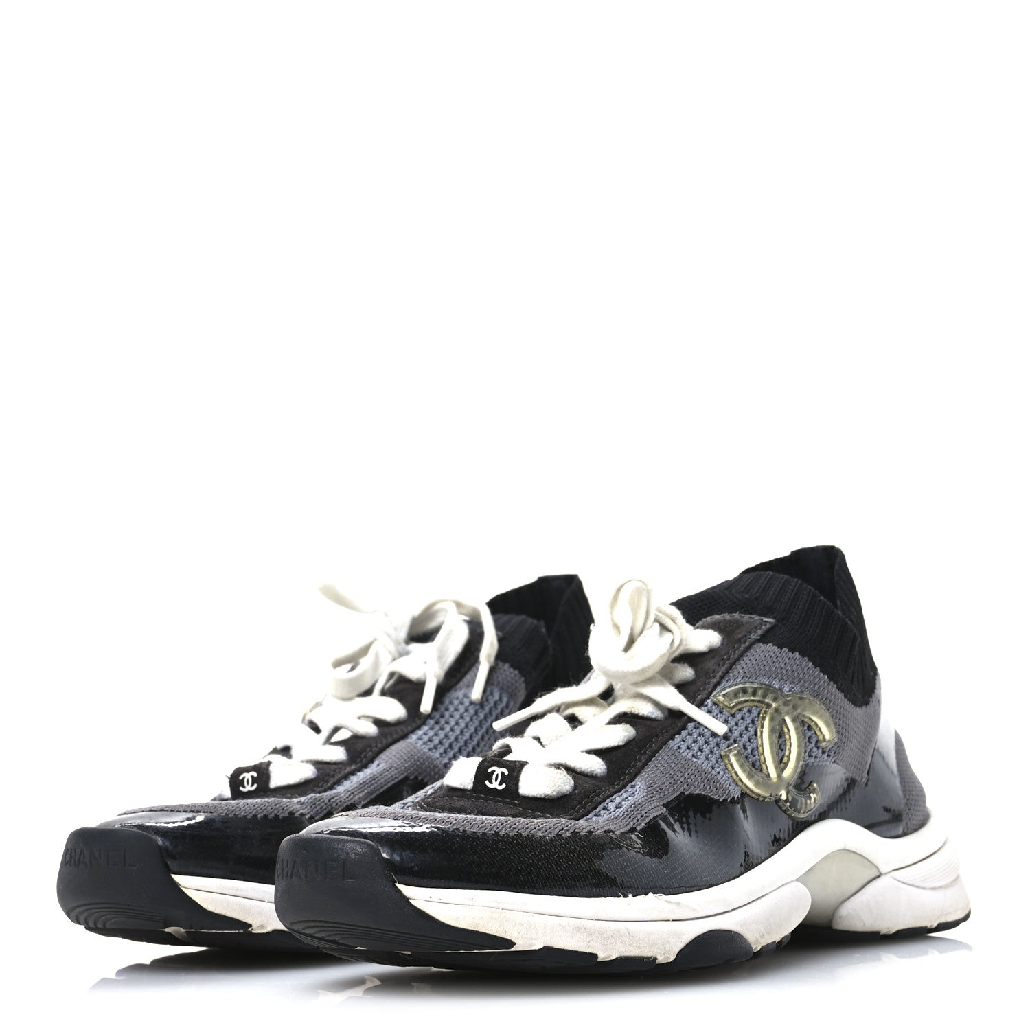 Chanel Fabric Suede Calfskin Womens CC Sneakers 38.5  Black Grey 4 of 7