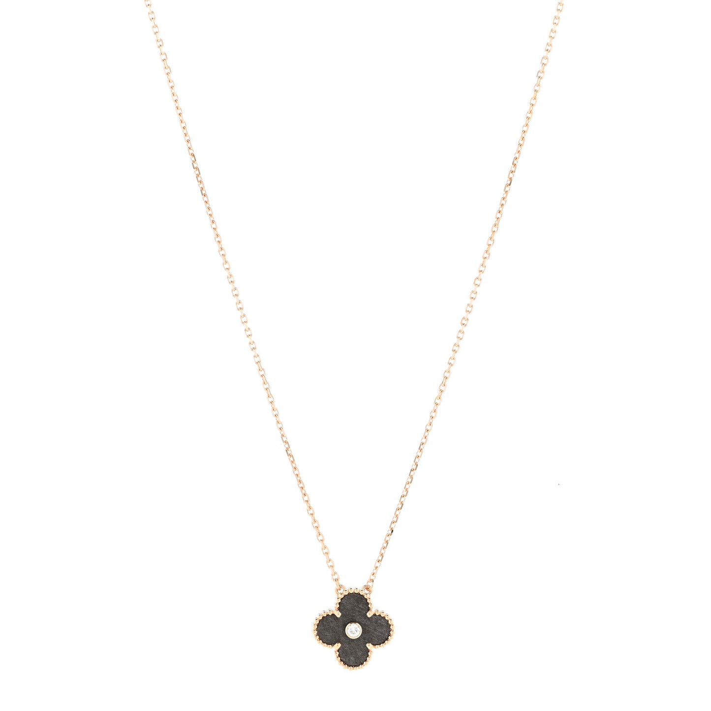 18K Rose Gold Diamond Silver Obsidian Vintage Alhambra Pendant Necklace