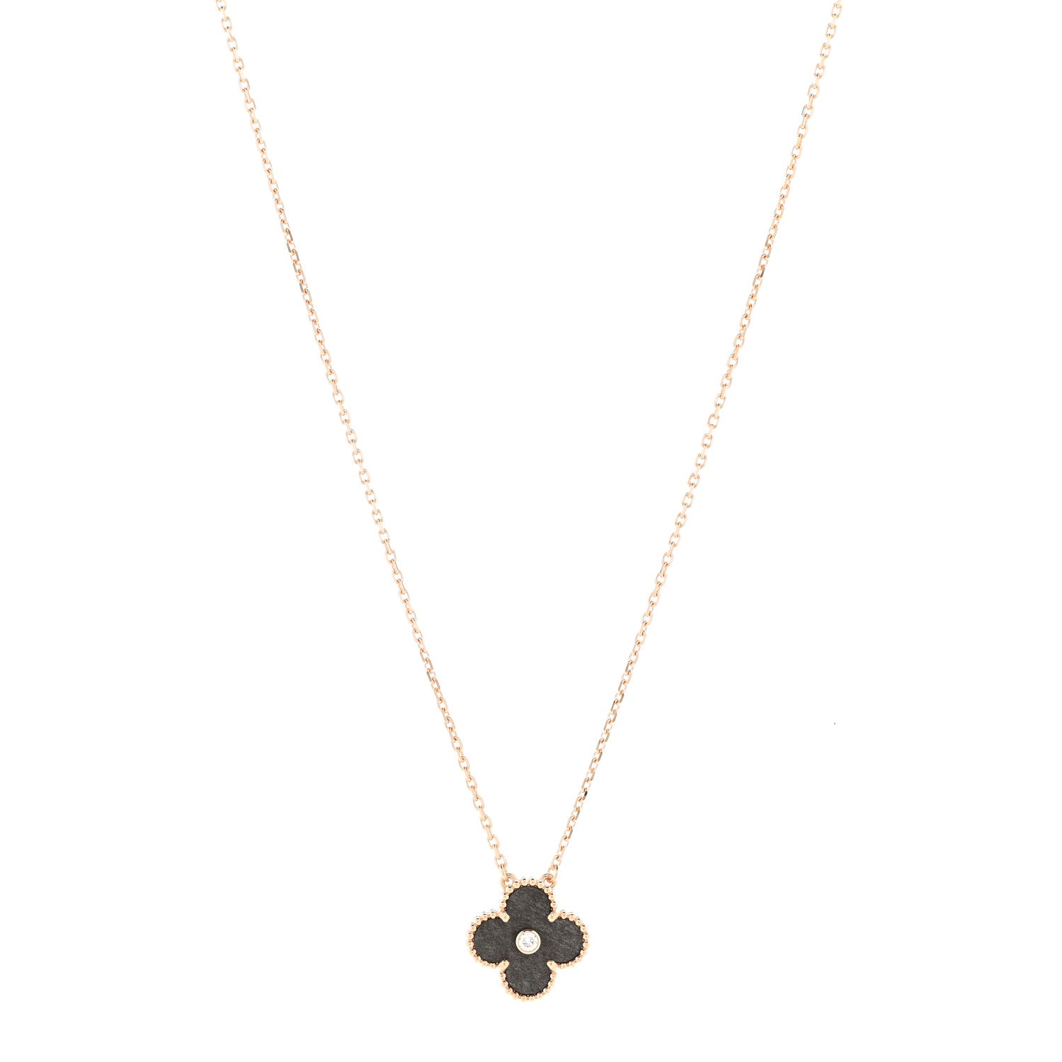 Van Cleef & Arpels 18K Rose Gold Diamond Silver Obsidian Vintage Alhambra Pendant Necklace 1 of 5