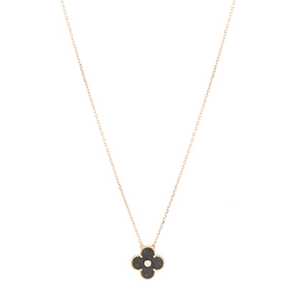 Van Cleef & Arpels 18K Rose Gold Diamond Silver Obsidian Vintage Alhambra Pendant Necklace 1 of 5