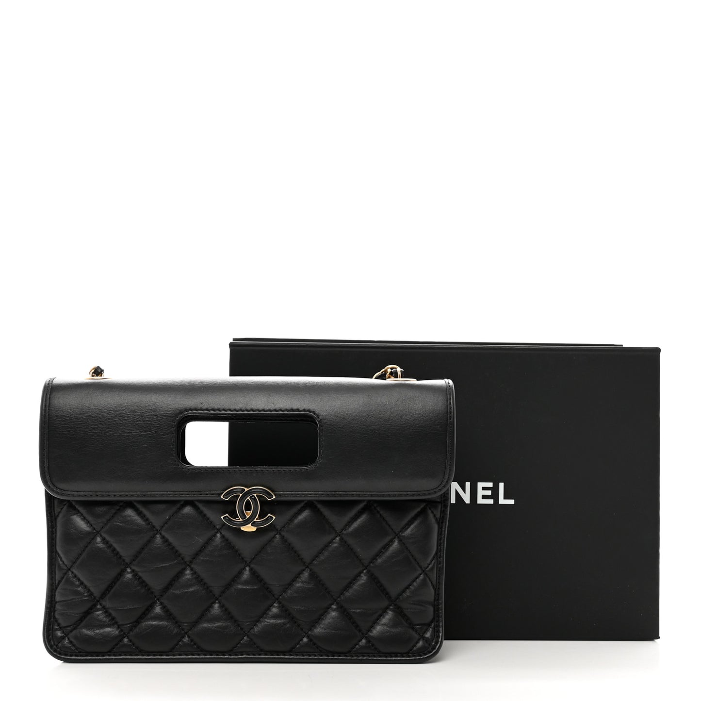 Aged Calfskin Quilted Graphic Catch Flap Black