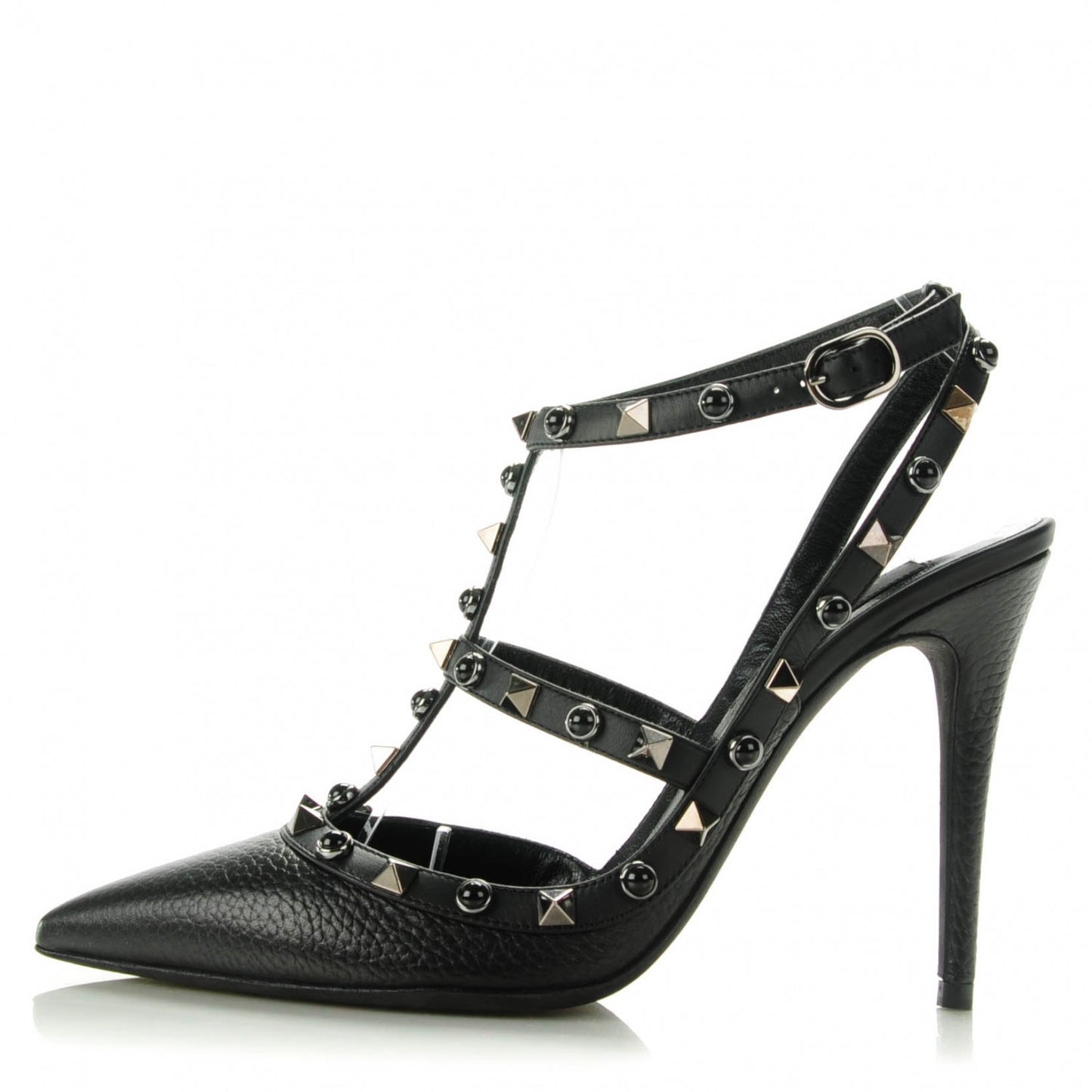 Pebbled Calfskin Onyx Rockstud Rolling Ankle Strap 100mm Pumps 38 Black