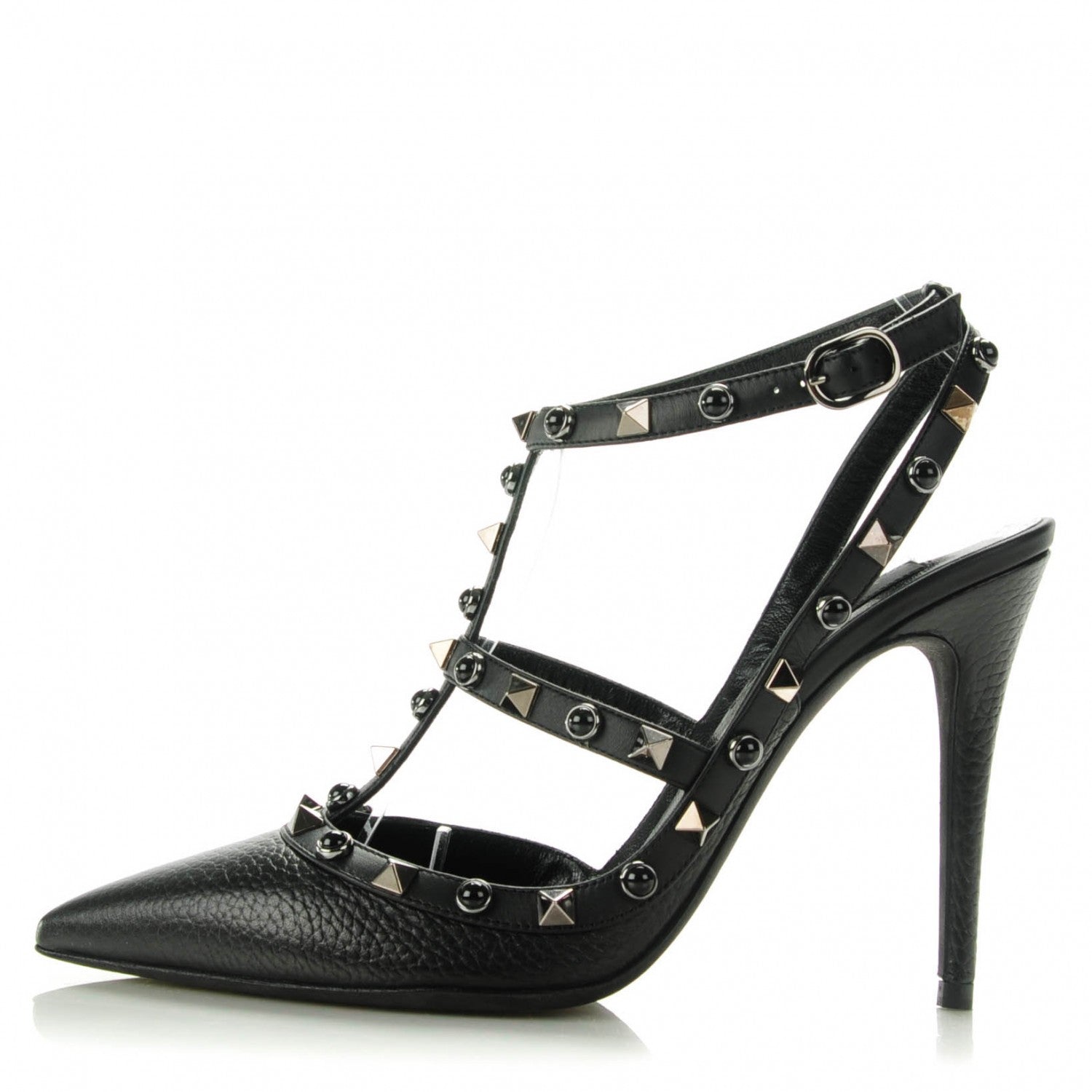 Valentino Garavani Pebbled Calfskin Onyx Rockstud Rolling Ankle Strap 100mm Pumps 38 Black 1 of 7