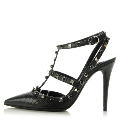 Valentino Garavani Pebbled Calfskin Onyx Rockstud Rolling Ankle Strap 100mm Pumps 38 Black 1 of 7