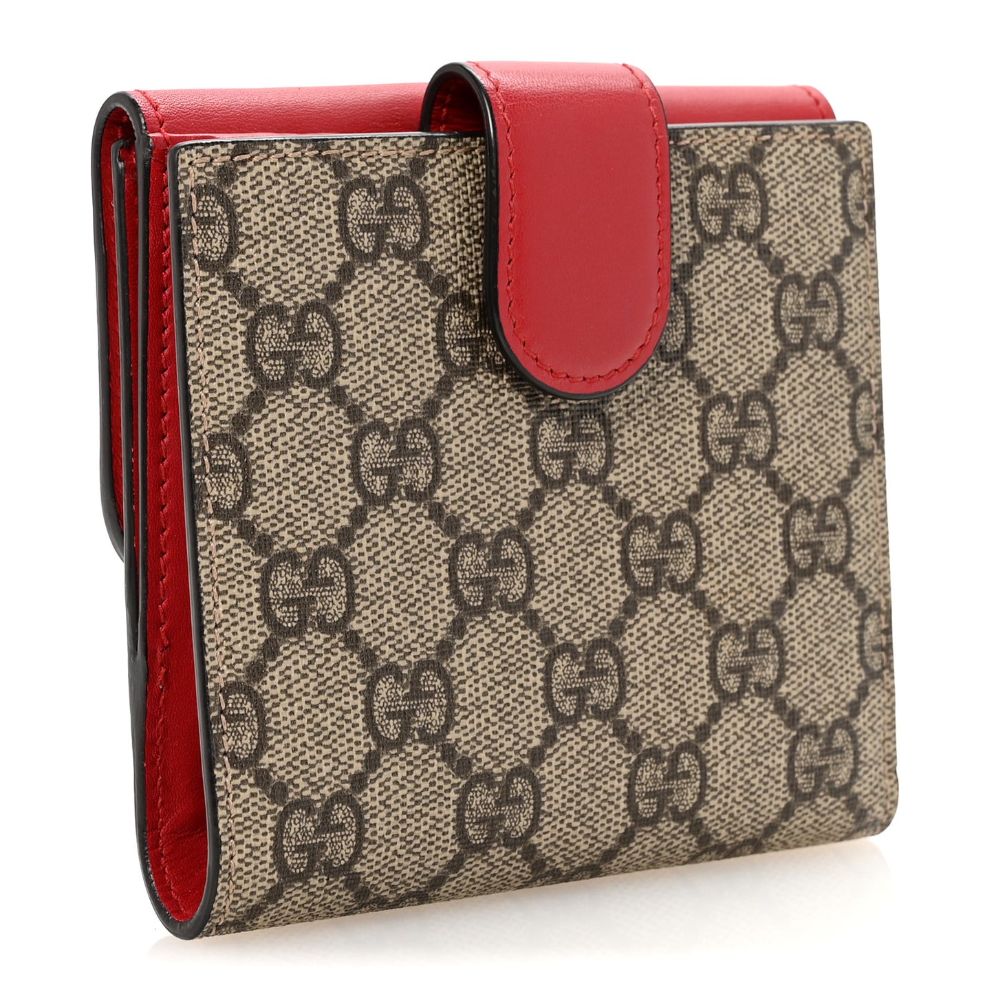 GG Supreme Monogram Pearl Studded French Wallet Beige Hibiscus Red