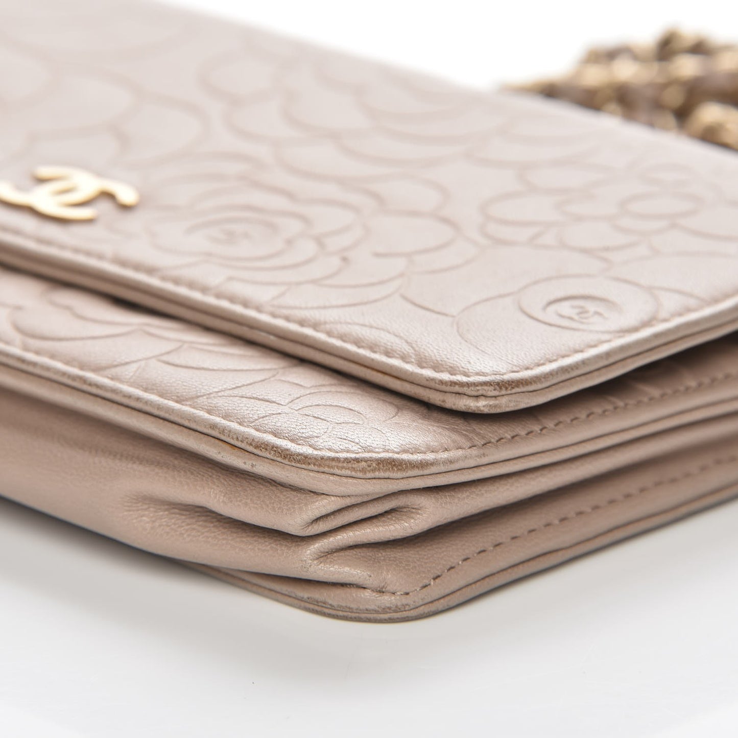 Lambskin Camellia Embossed Wallet on Chain WOC Beige
