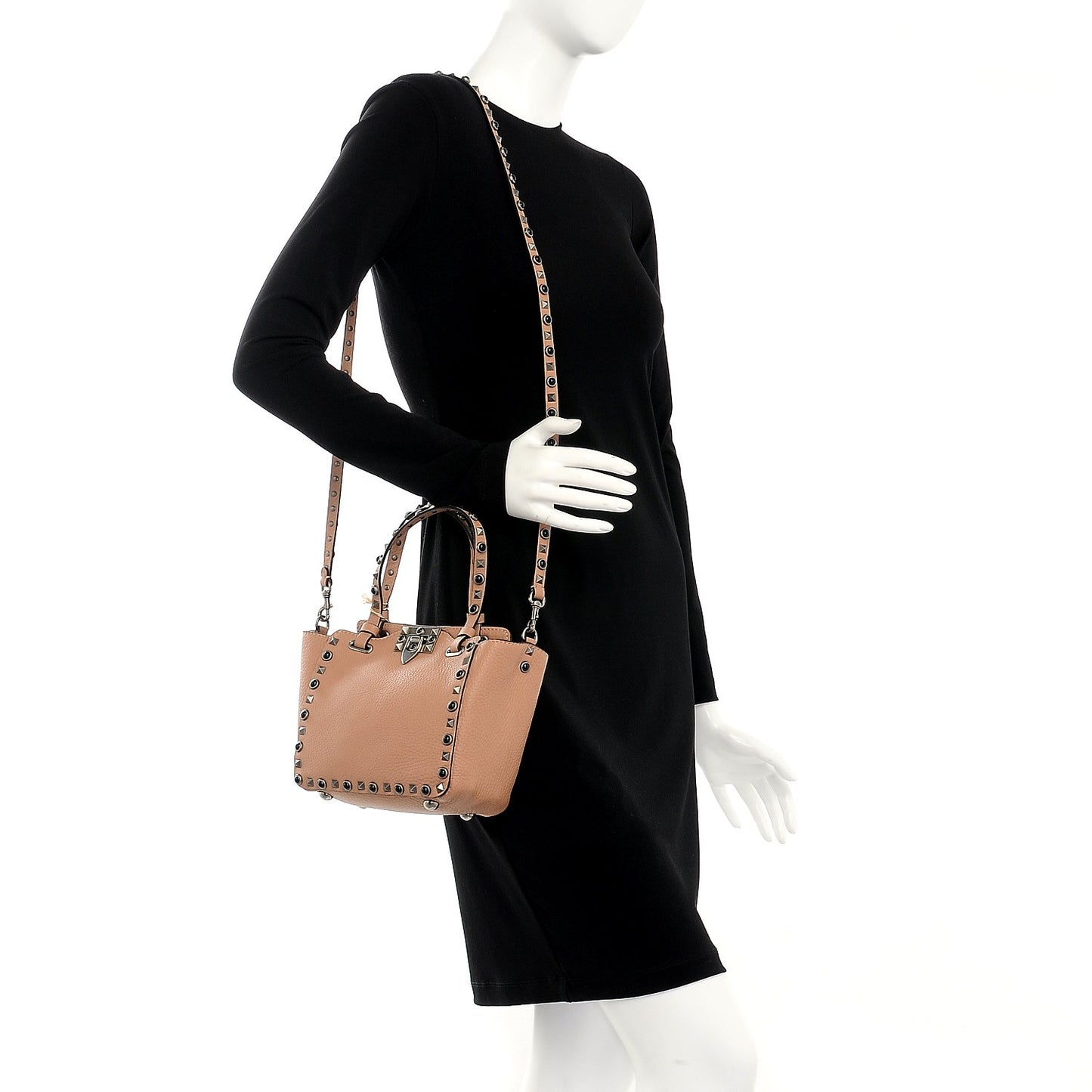 Pebbled Calfskin Mini Rockstud Rolling Tote Soft Noisette