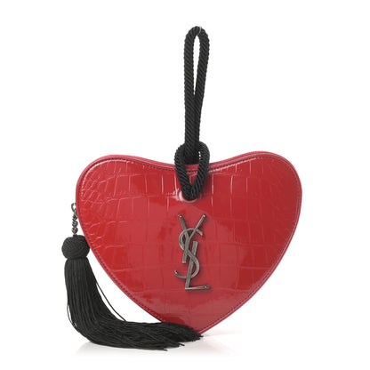 Saint Laurent Patent Crocodile Embossed Sac Coeur Heart Shaped Clutch Red 1 of 7