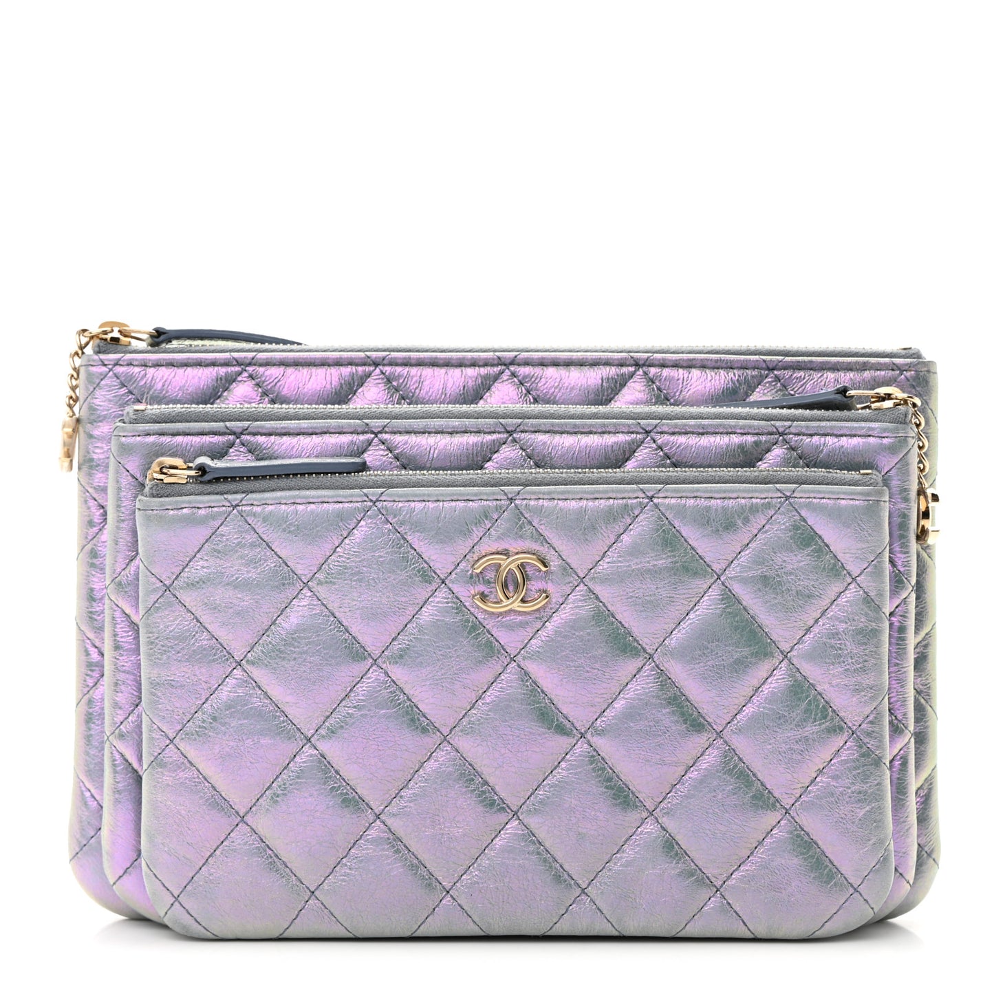 Iridescent Crumpled Calfskin Trio Cosmetic Case Purple