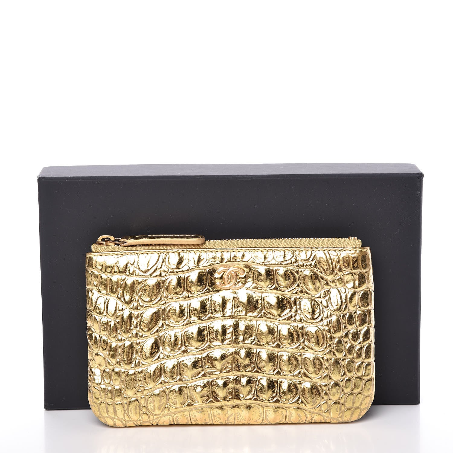 Chanel Metallic Calfskin Crocodile Embossed Cocodile Cosmetic Case Gold 8 of 8