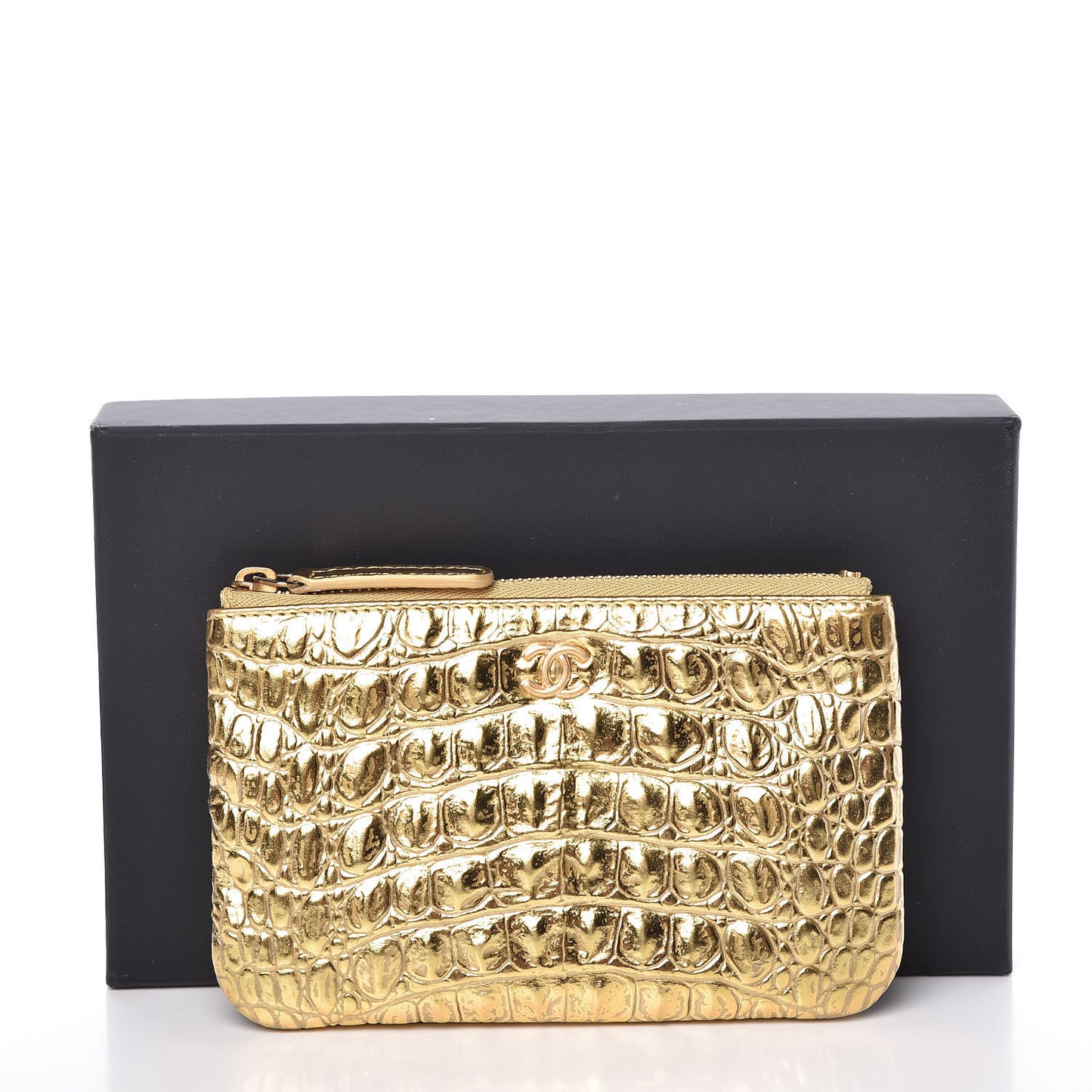 Metallic Calfskin Crocodile Embossed Cocodile Cosmetic Case Gold