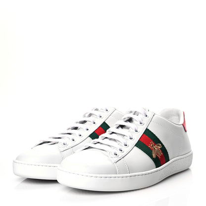 Gucci Calfskin Ayers Bee Embroidered Womens Ace Sneakers 37.5 White Green 3 of 9