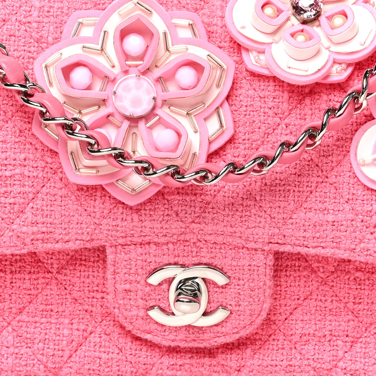 Chanel Tweed Crystal Bead Flower Embellished Quilted Medium Double Flap Pink 8 of 10