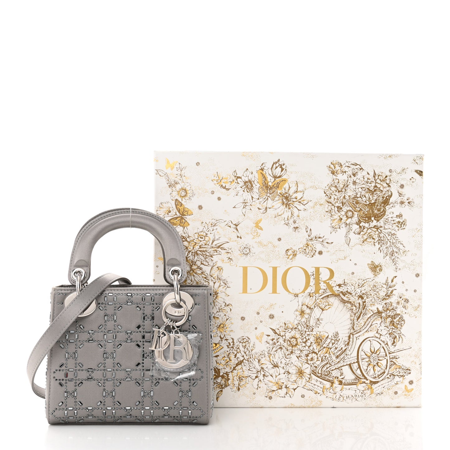 Satin Crystal Cannage Mini Lady Dior Gray