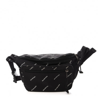 Balenciaga Twill Nylon Allover Logo Explorer Beltpack Black White 1 of 14