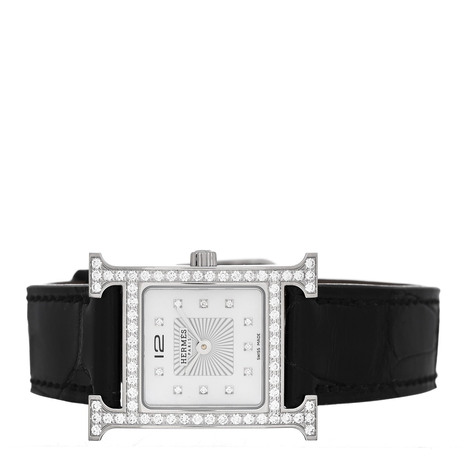 Hermes Stainless Steel Alligator Diamond Bezel Mother of Pearl 21mm Heure H Hour Quartz Watch Noir 2 of 5