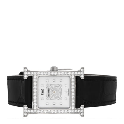 Hermes Stainless Steel Alligator Diamond Bezel Mother of Pearl 21mm Heure H Hour Quartz Watch Noir 2 of 5