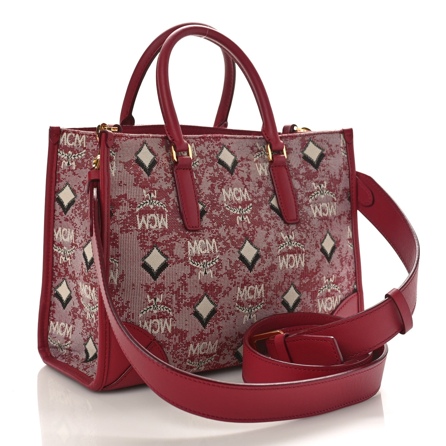 MCM Vintage Jacquard Monogram Small Munchen Tote Red 2 of 8