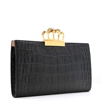 Alexander McQueen Calfskin Crocodile Embossed Knuckle Flat Clutch Black Gold 3 of 10