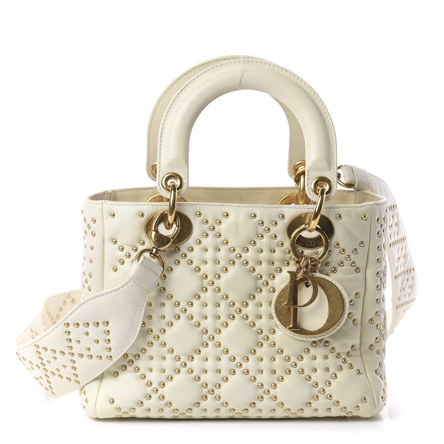 Calfskin Cannage Studded Medium Supple Lady Dior White