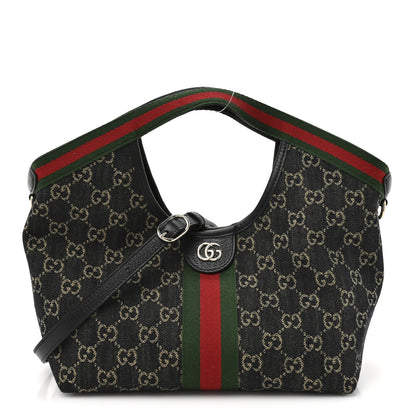 Gucci Denim GG Monogram Web Small Giglio Tote Black Ivory 1 of 10