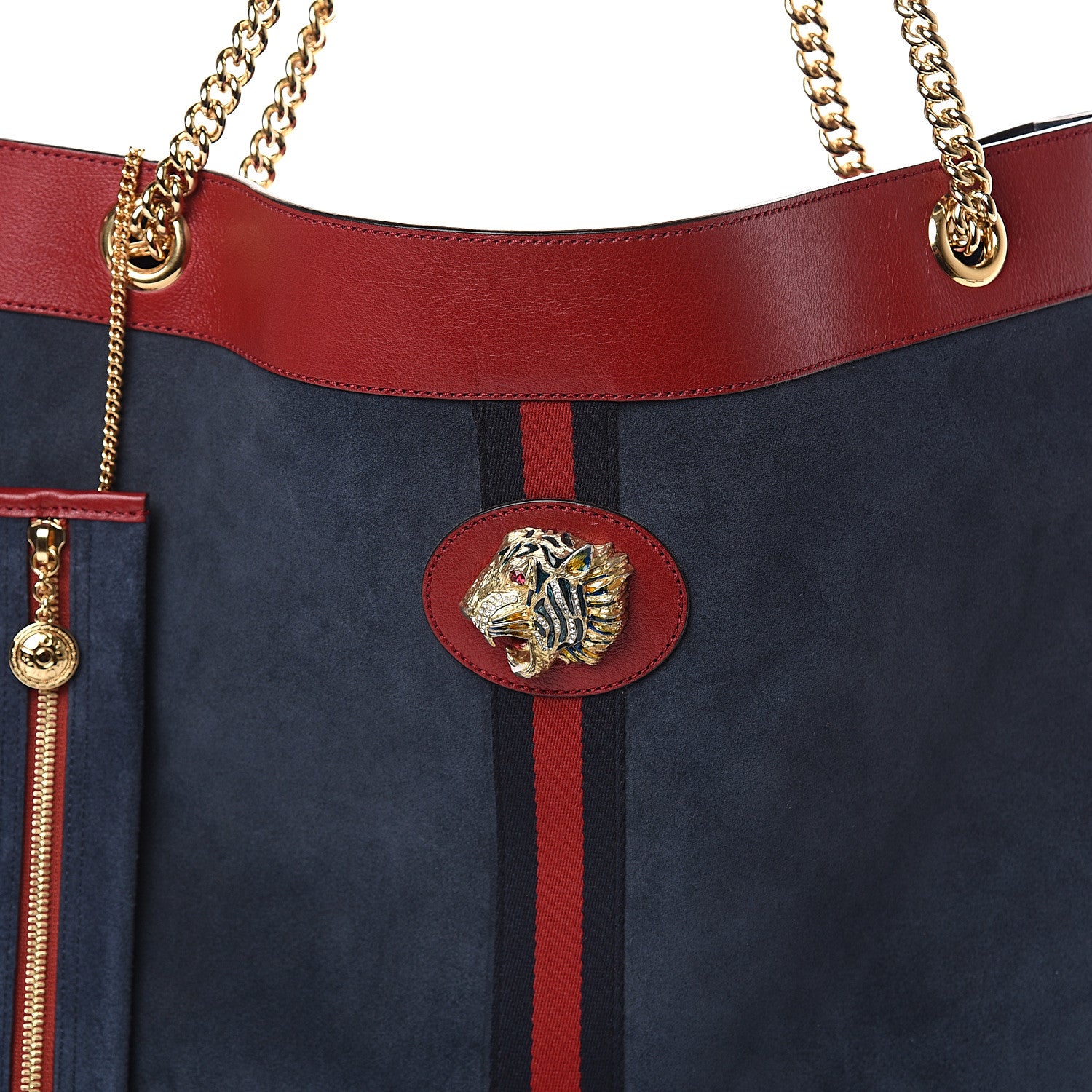 Gucci Suede Calfskin Large Rajah Chain Tote New Blue Romantic Cherry 6 of 8