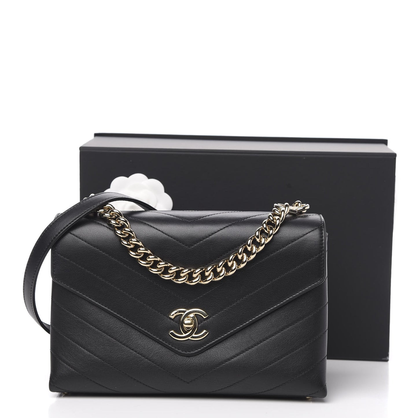 Calfskin Chevron Stitched Small Coco Flap Bag Black
