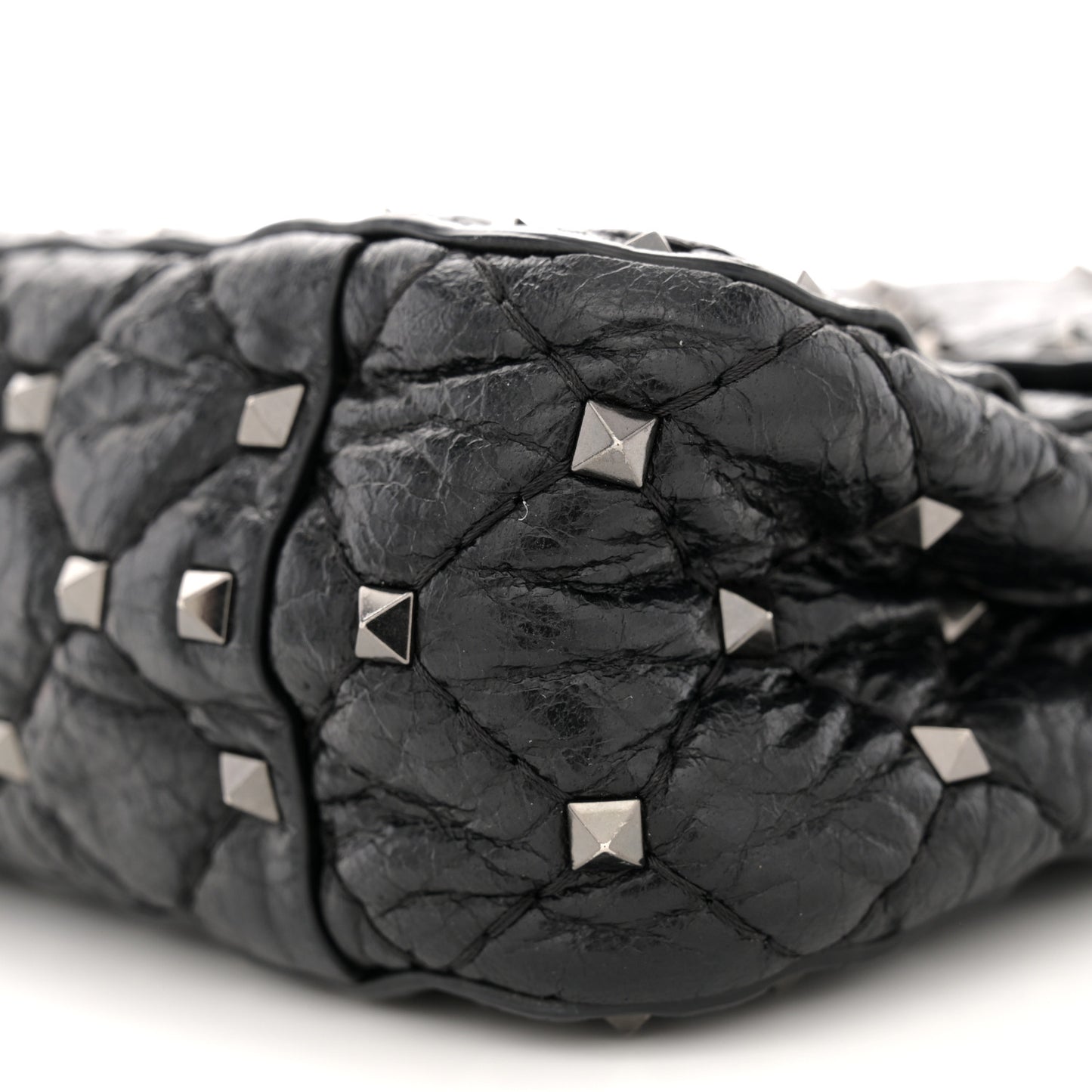 Craquele Nappa Medium Rockstud Spike Shoulder Bag Black