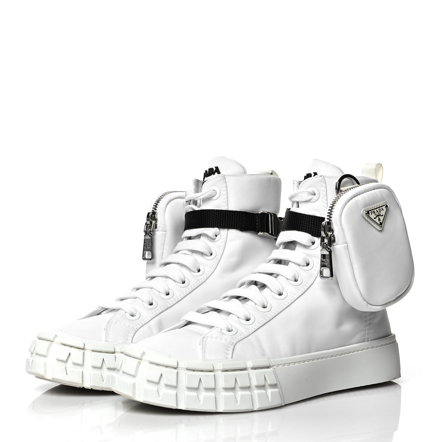 Re-Nylon Gabardine Metal Triangle Logo Wheel Pouch Pocket High Top Sneakers 38.5 White