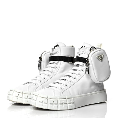 Prada Re-Nylon Gabardine Metal Triangle Logo Wheel Pouch Pocket High Top Sneakers 38.5 White 3 of 8