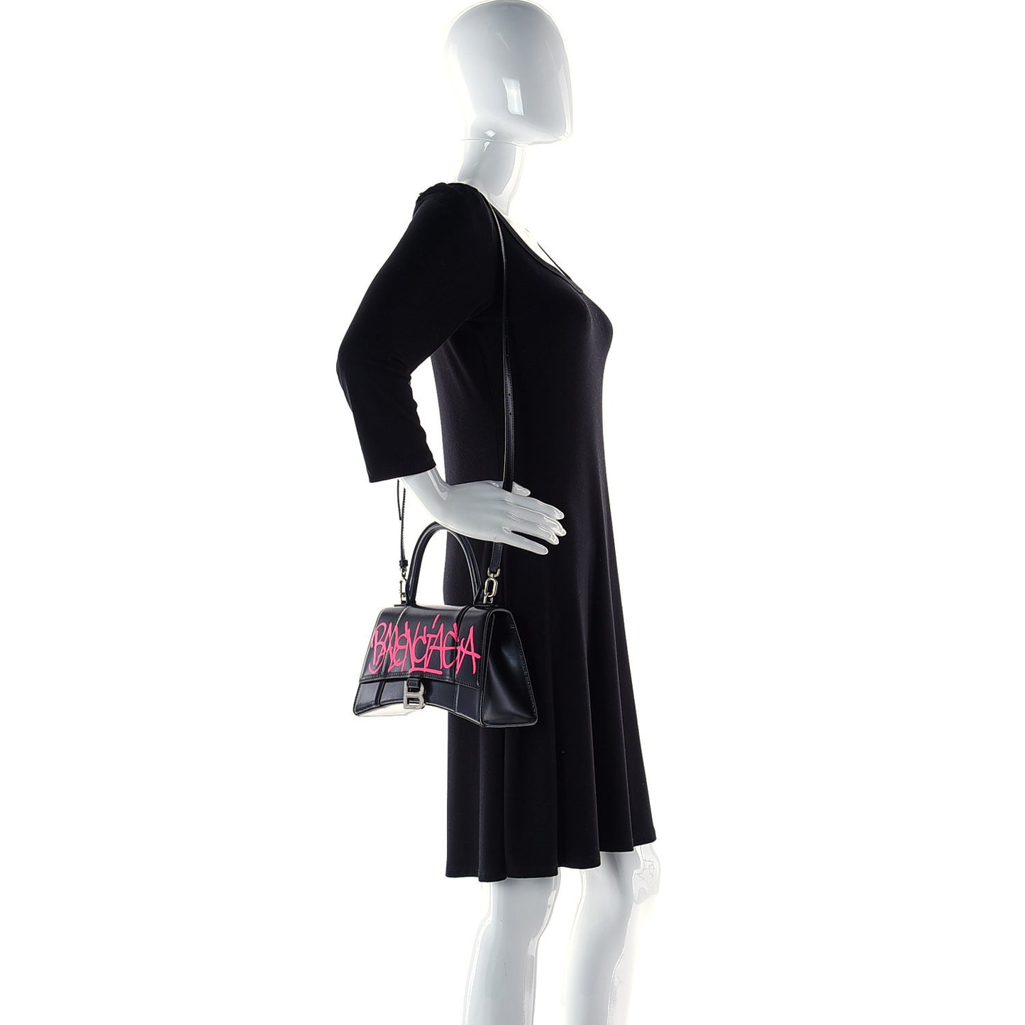 Shiny Box Calfskin Graffiti Logo Small Hourglass Top Handle Bag Black Pink