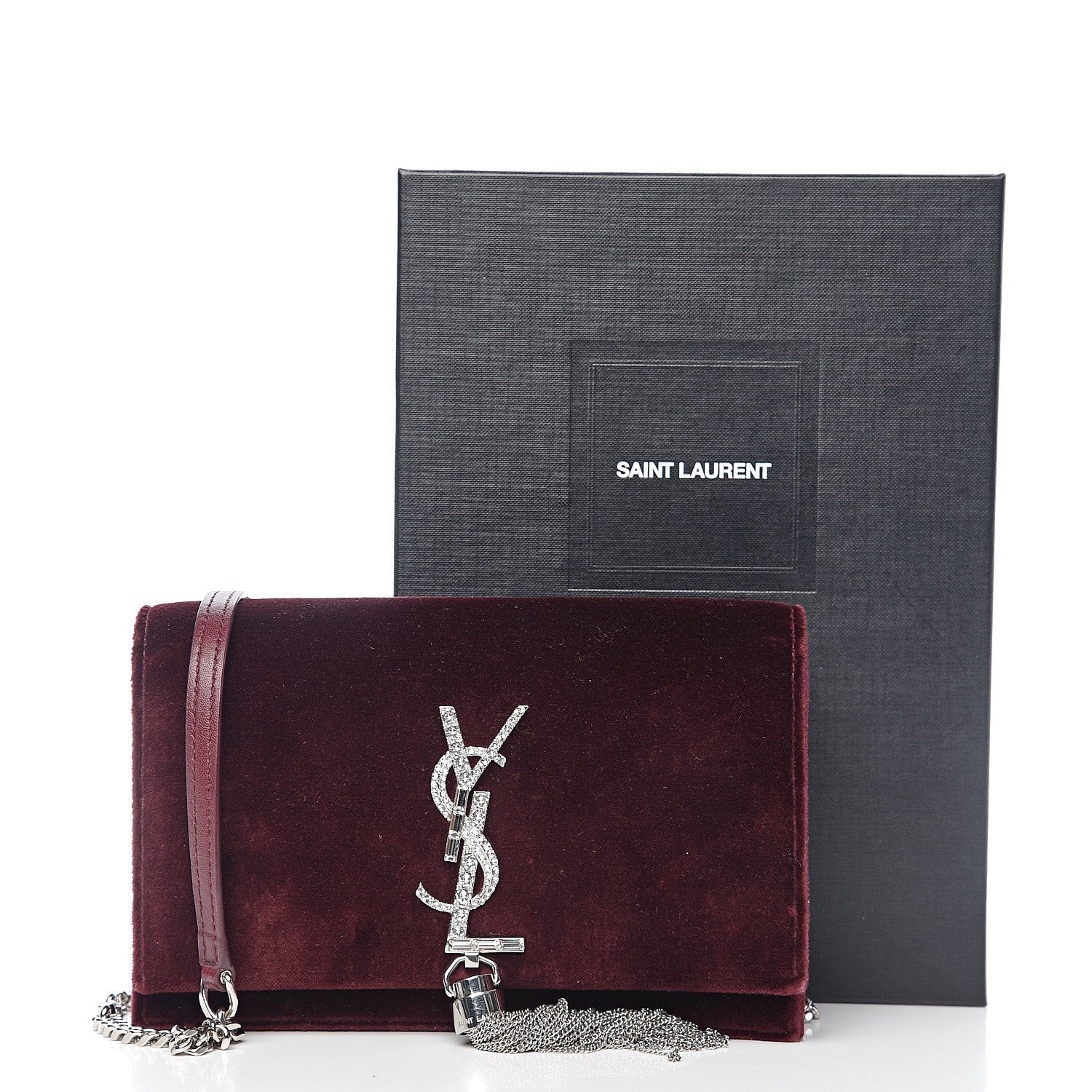 Saint Laurent Velvet Crystal Monogram Kate Tassel Shoulder Bag Burgundy 10 of 10