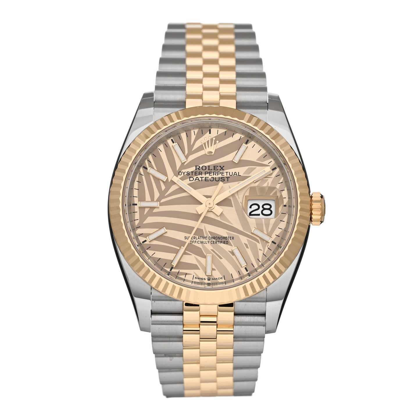 Stainless Steel 18K Yellow Gold 36mm Oyster Perpetual Datejust Watch Golden Palm 126233