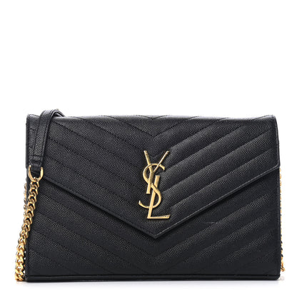 Saint Laurent Grain De Poudre Matelasse Chevron Monogram Chain Wallet Black 1 of 10