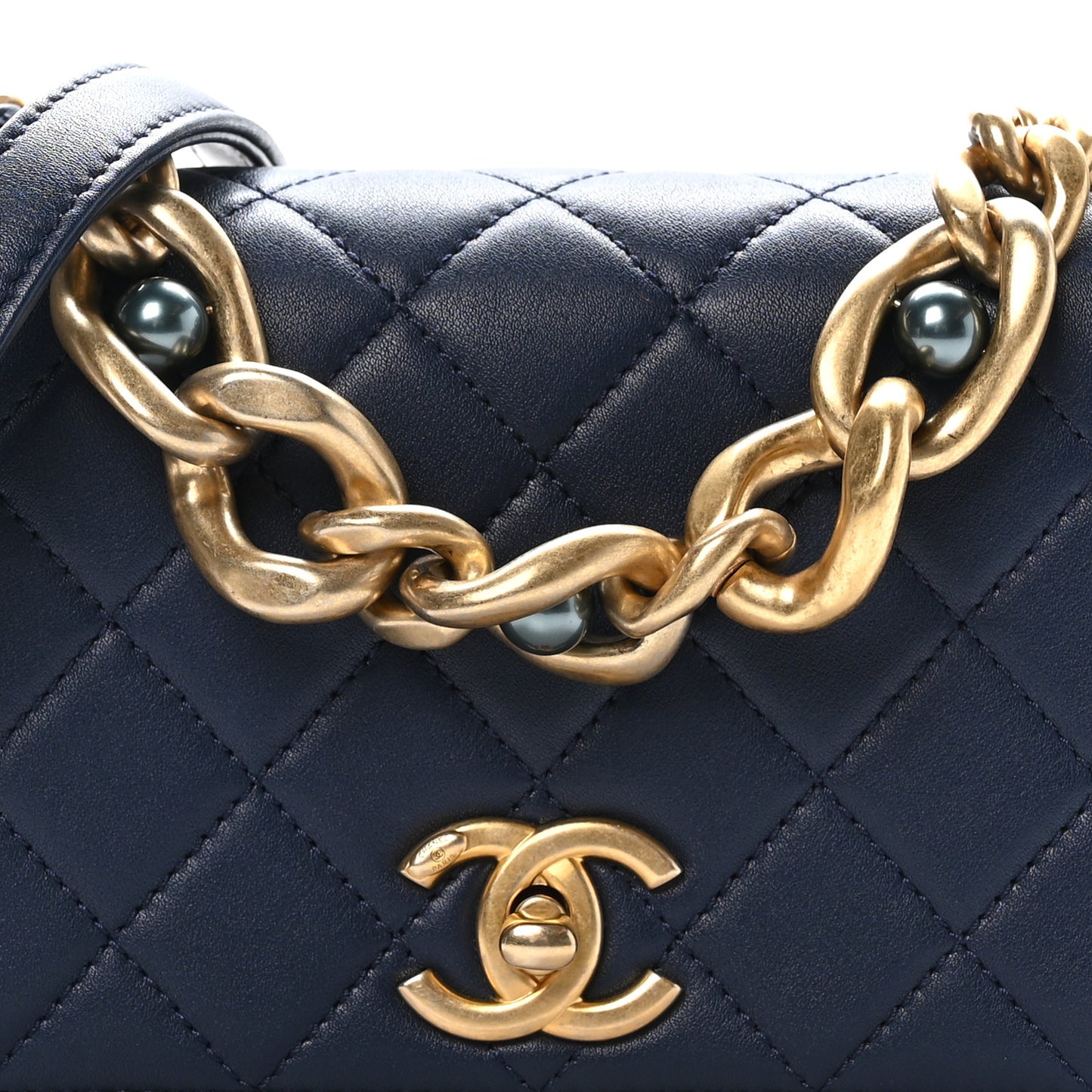 Calfskin Quilted Pearl Jewel Chain Flap Navy