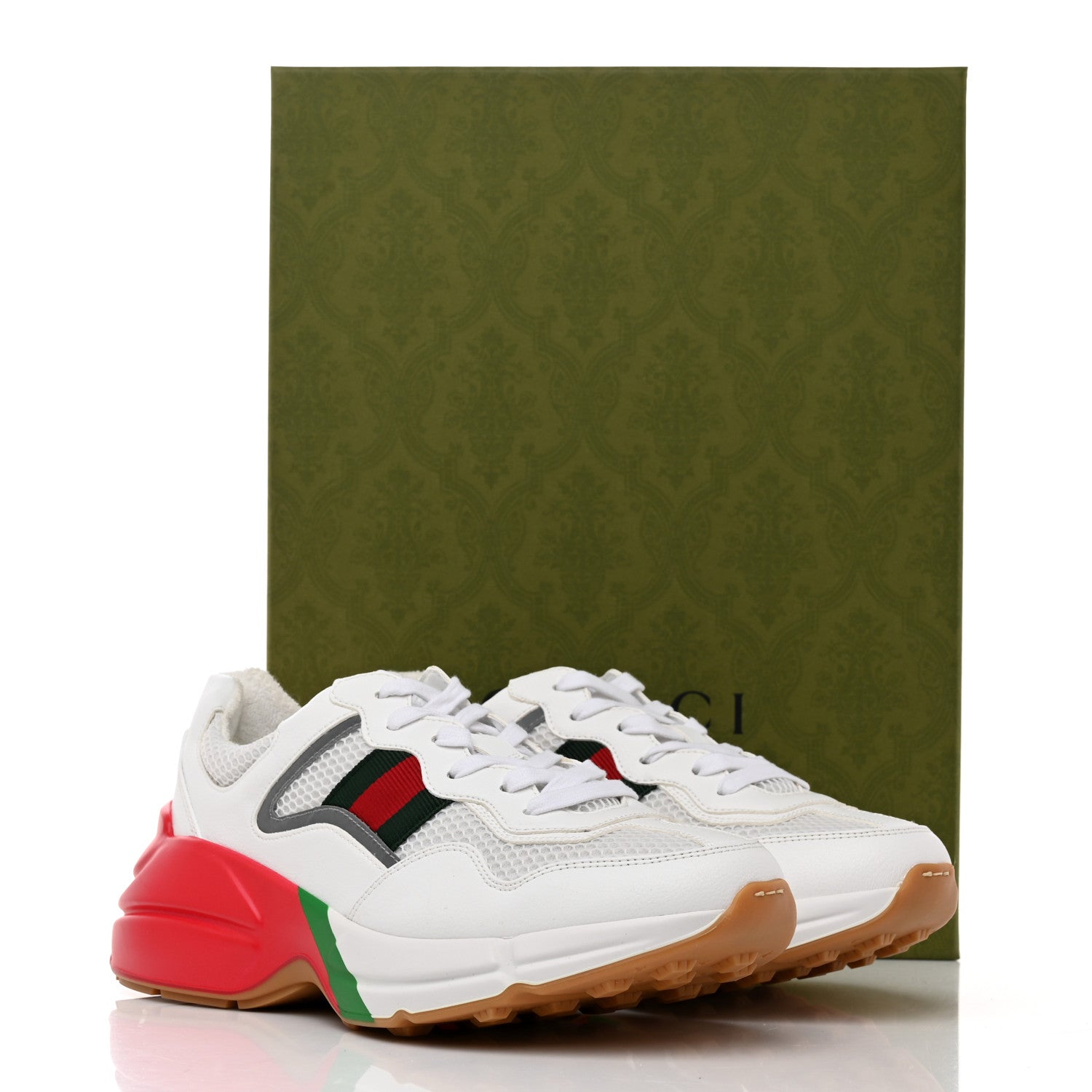 Gucci Lavaredo Eco Fabric Mesh Web Mens Rhyton Reflective Sneakers 6.5 Great White Green Red Silver 8 of 8