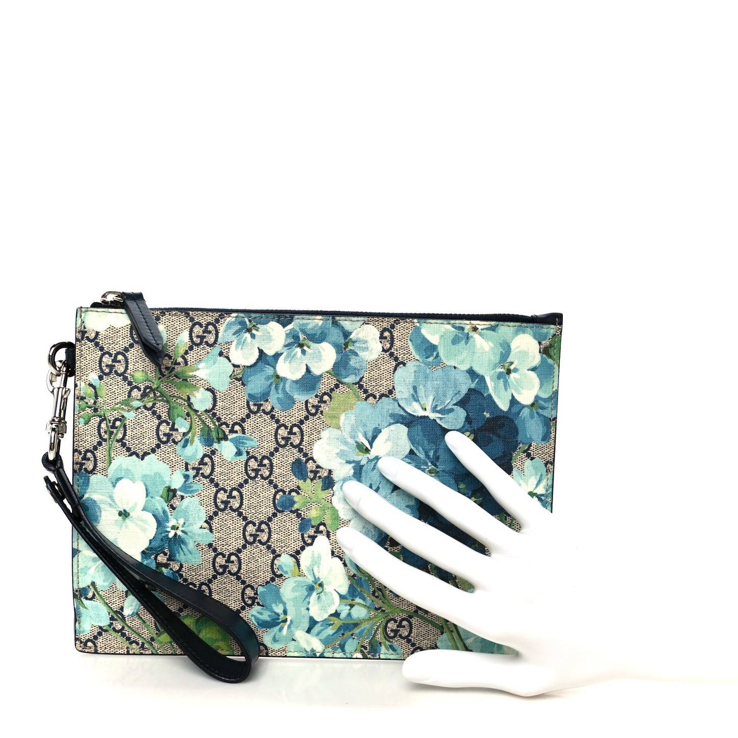 GG Supreme Monogram Blooms Small Zip Wristlet Pouch Beige Blue Black