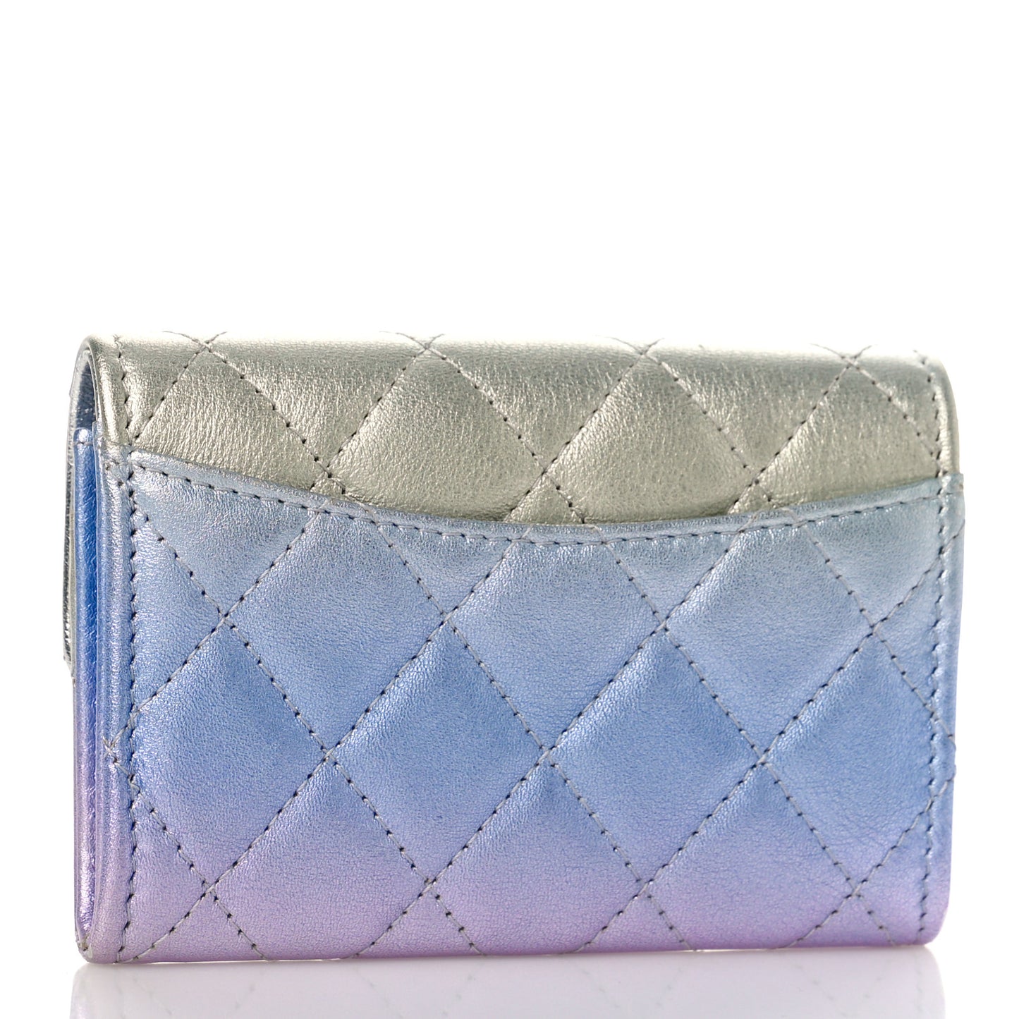 Gradient Metallic Calfskin Quilted Flap Card Holder Wallet Silver Blue Yellow Purple