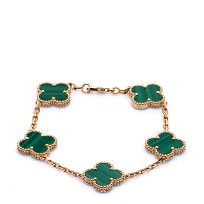 Van Cleef & Arpels 18K Yellow Gold Malachite 5 Motifs Vintage Alhambra Bracelet 1 of 7