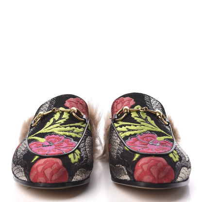 Gucci Brocade Fur Floral Womens Princetown Slippers 35 Black Anthracite 3 of 8