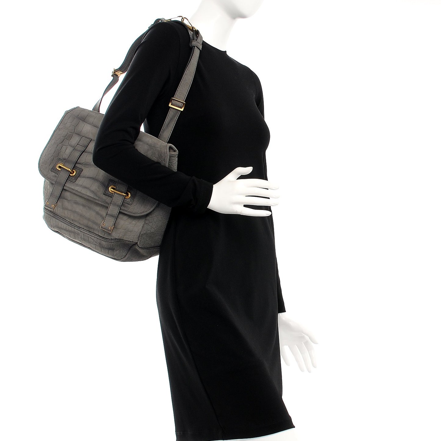 Crocodile Embossed Nubuck Besace Shoulder Bag Anthracite