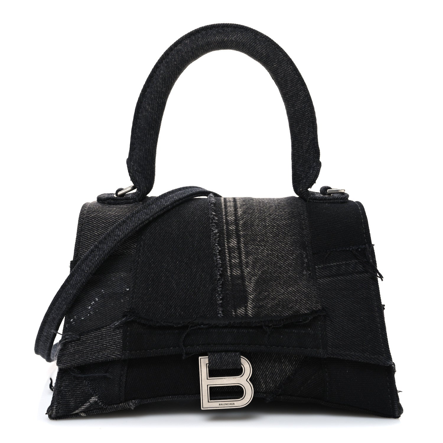 Balenciaga Denim Patchwork Small Hourglass Top Handle Bag Washed Black 1 of 11