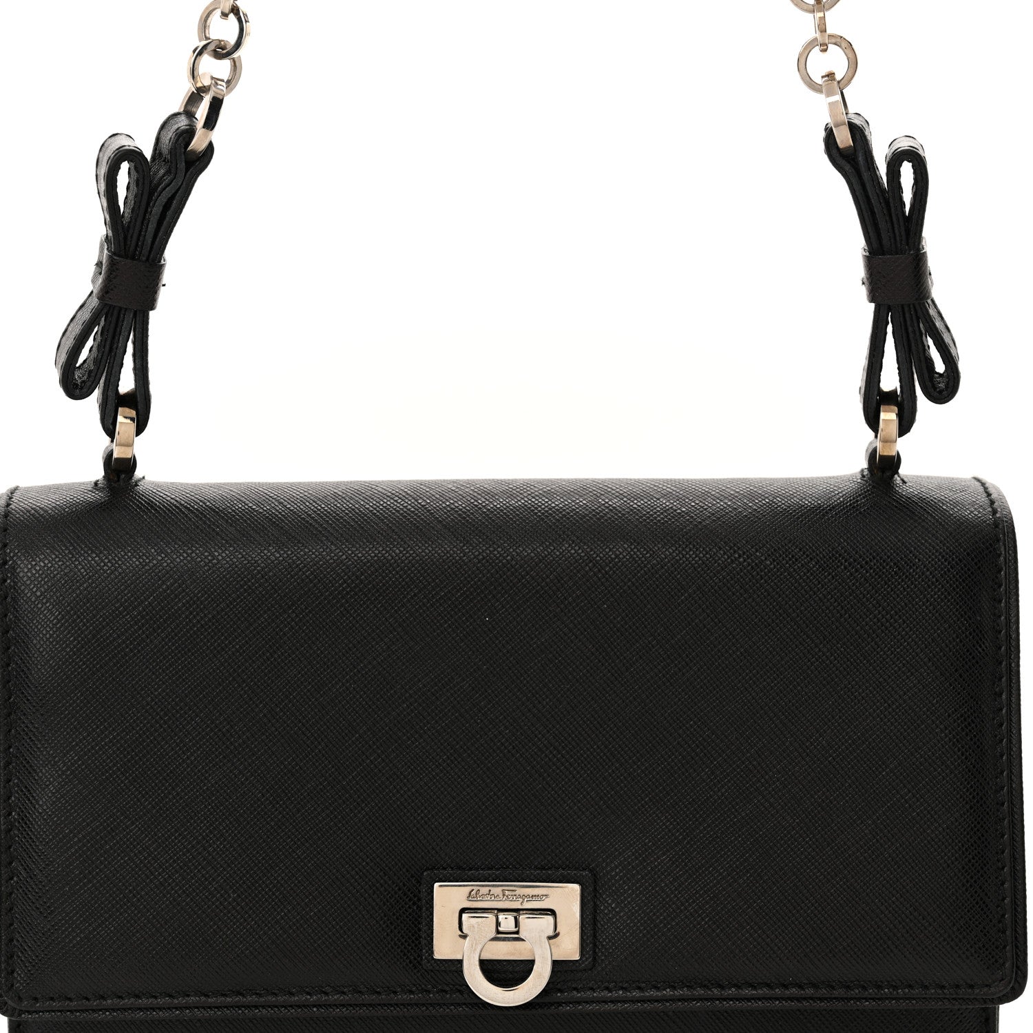Salvatore Ferragamo Printed Calfskin Gancini Bow Chain Shoulder Bag Black 7 of 14