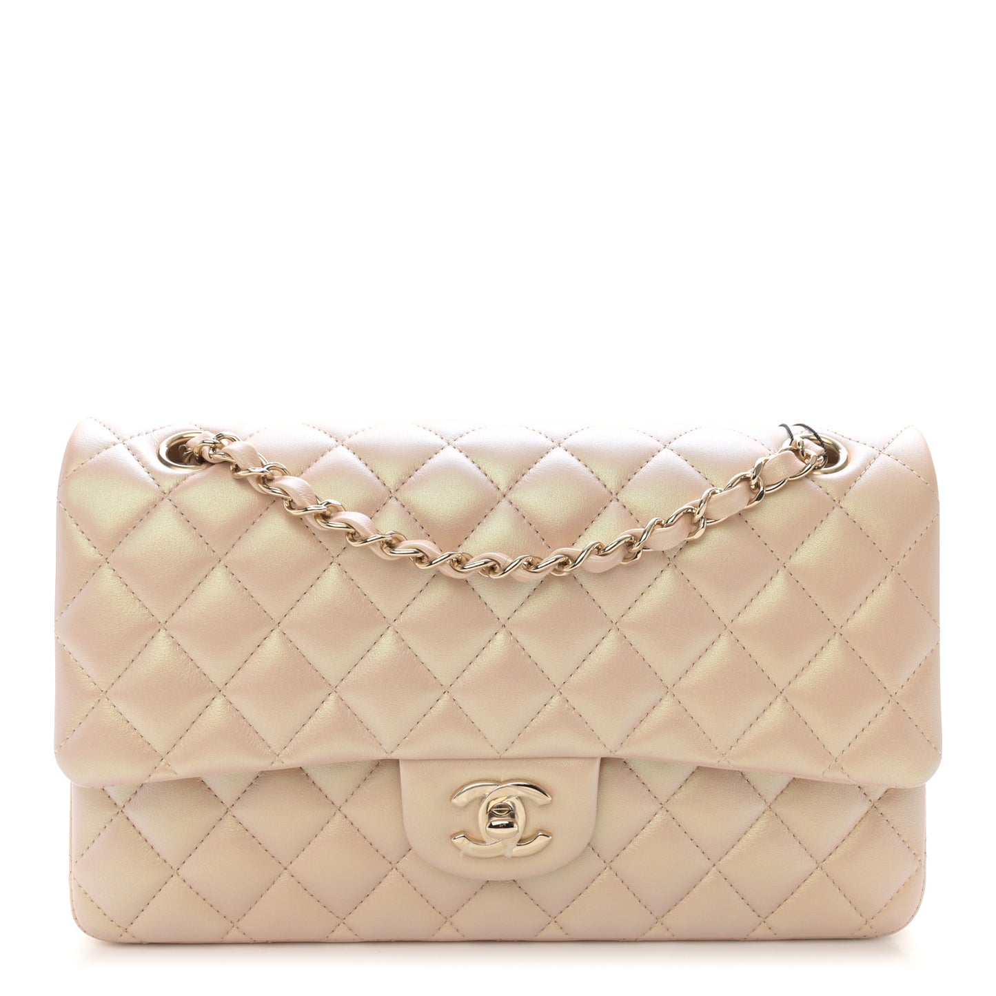 Iridescent Calfskin Quilted Medium Double Flap Beige