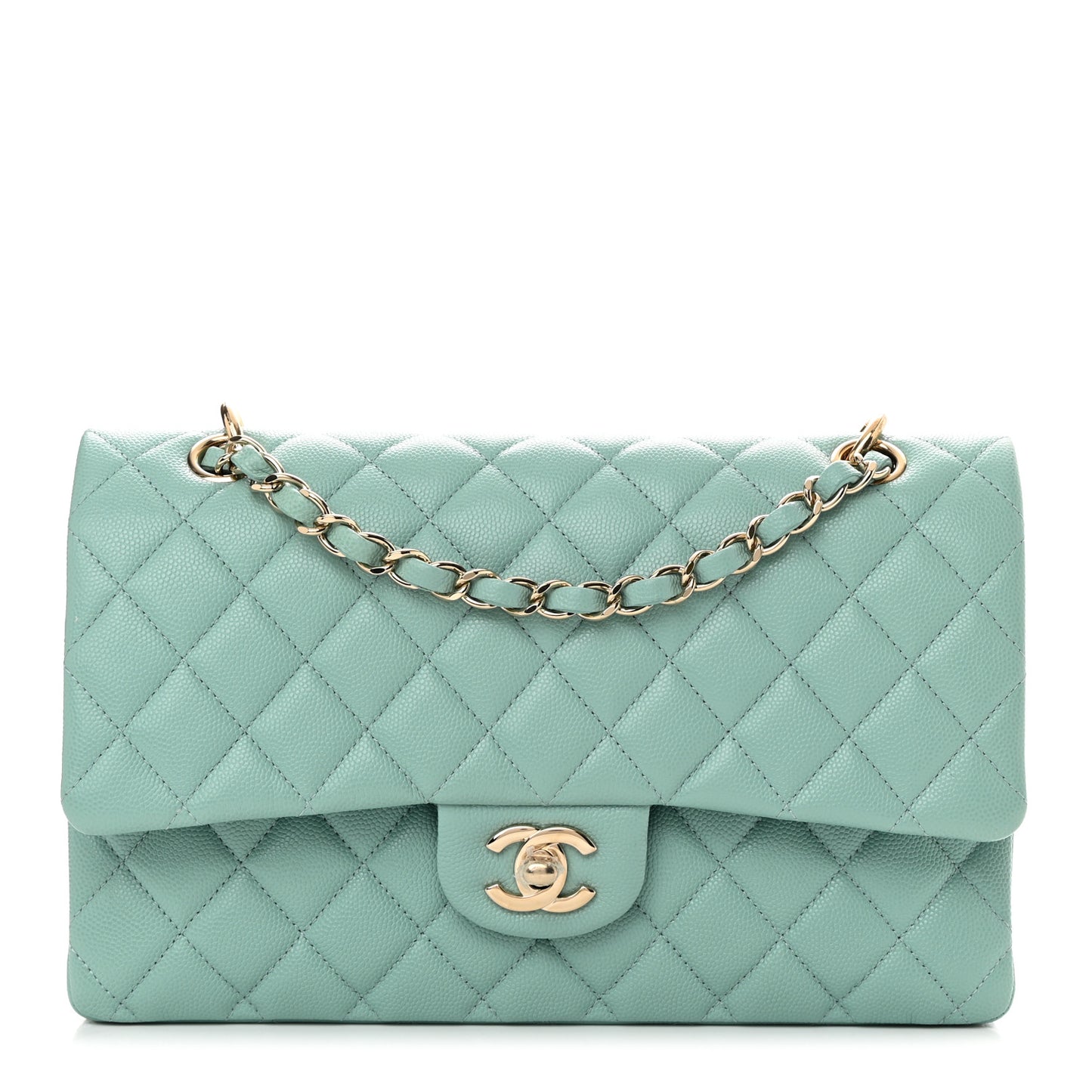 Caviar Quilted Medium Double Flap Light Blue